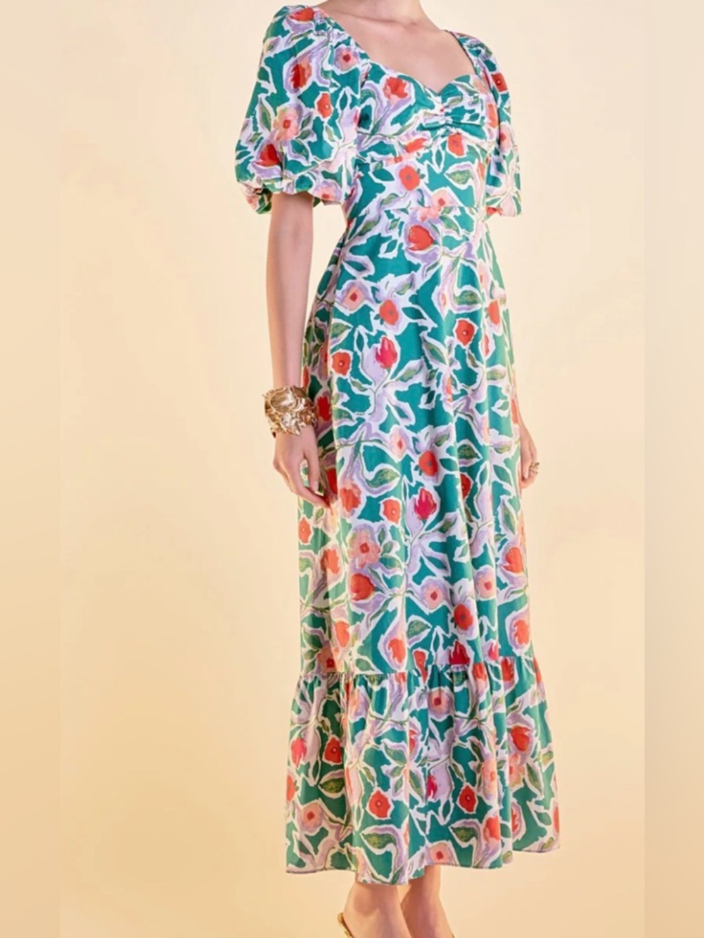 English Factory Green Floral Maxi Dress with Puff Sleeves
